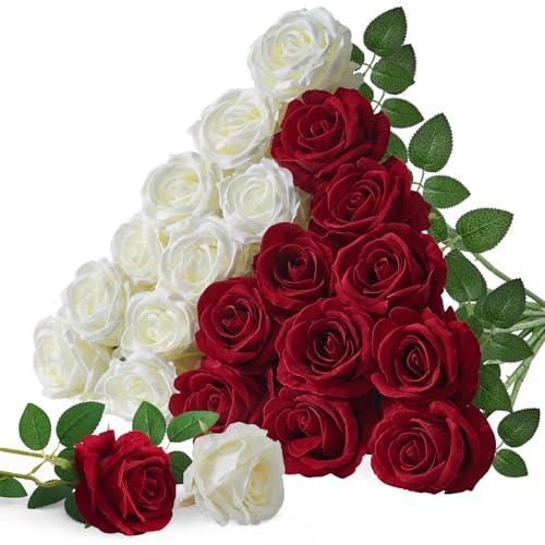 Serwalin 20pcs Artificial Red and White Roses, 4'' Big Flower Head, Fake Roses Velvet Real Touch, Silk Roses Long Stems Realistic Bouquet for Wedding Table Centerpiece and Home Decor