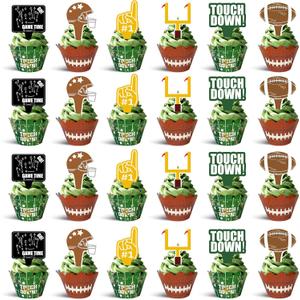 48Pcs Football Cupcake Toppers and Wrappers | Football Theme Birthday Sports Game Day Sunday Party Decoration Supplies