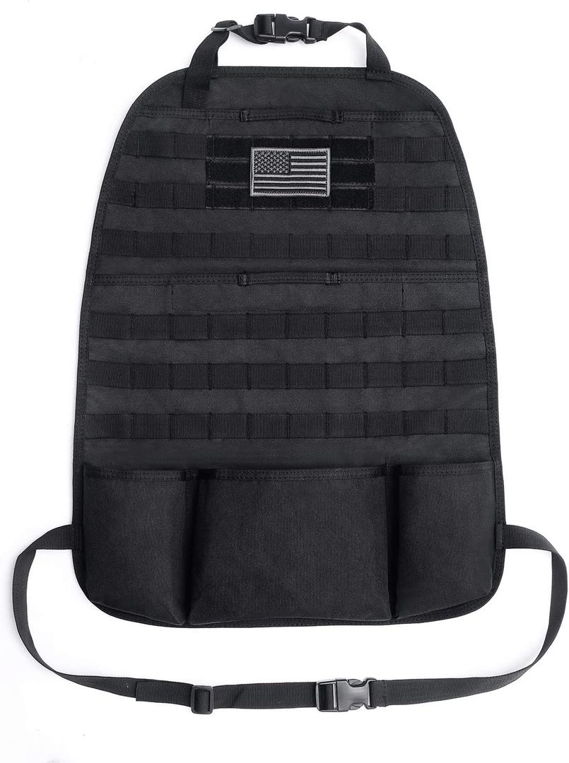 Tacticool Car Seat Back Organizer - Upgraded Tactical Molle Vehicle Panel Universal Fit Car Seat Cover Protector with Extra USA Flag Patch (Black)