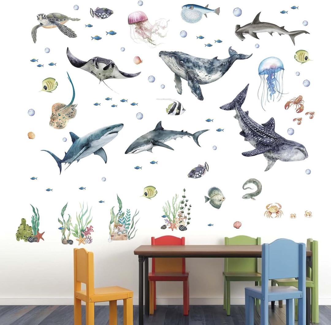  Under The Sea Wall Decals - Marine Theme Shark Whale Fish Sea Turtle Ocean Wall Stickers - Bathroom Baby Nursery Kids Bedroom Daycare Wall Decor