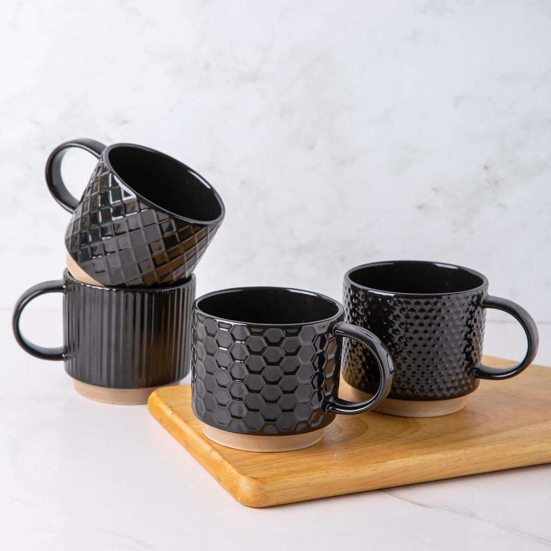 GBhome 12OZ Stackable Coffee Mugs, Ceramic Coffee Mugs with Texture Patterns for Man,Woman,Dad,Mom, Modern Coffee Mugs Set of 4 for Latte/Cappuccino/Cocoa. Dishwasher&Microwave Safe, Black