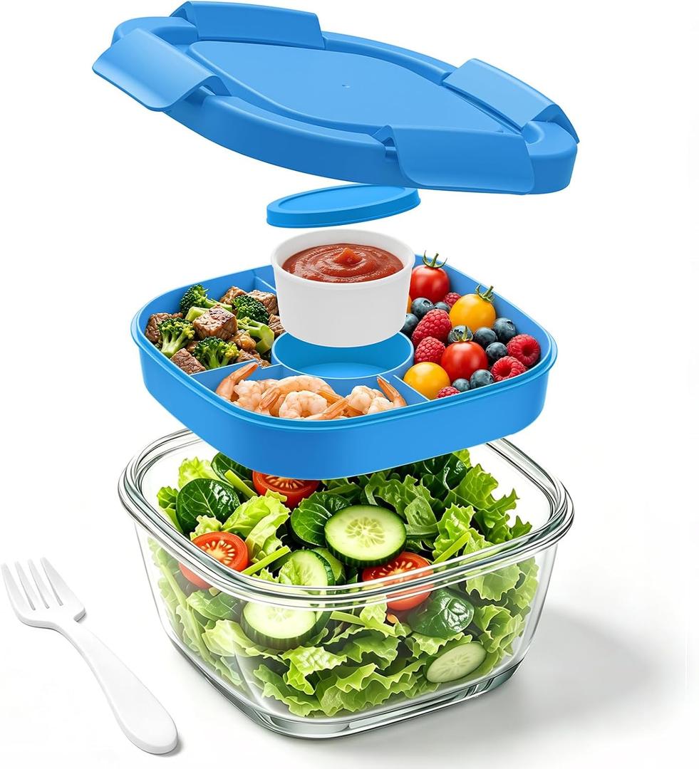 Glass Salad Container,56oz Salad Bowl To Go for Lunch with Airtight Lid,Leak-Proof Sauce Container,4-Compartment Bento Tray & Reusable Fork - BPA-Free Glass Lunch Box for Meal Prep,Office（Blue）
