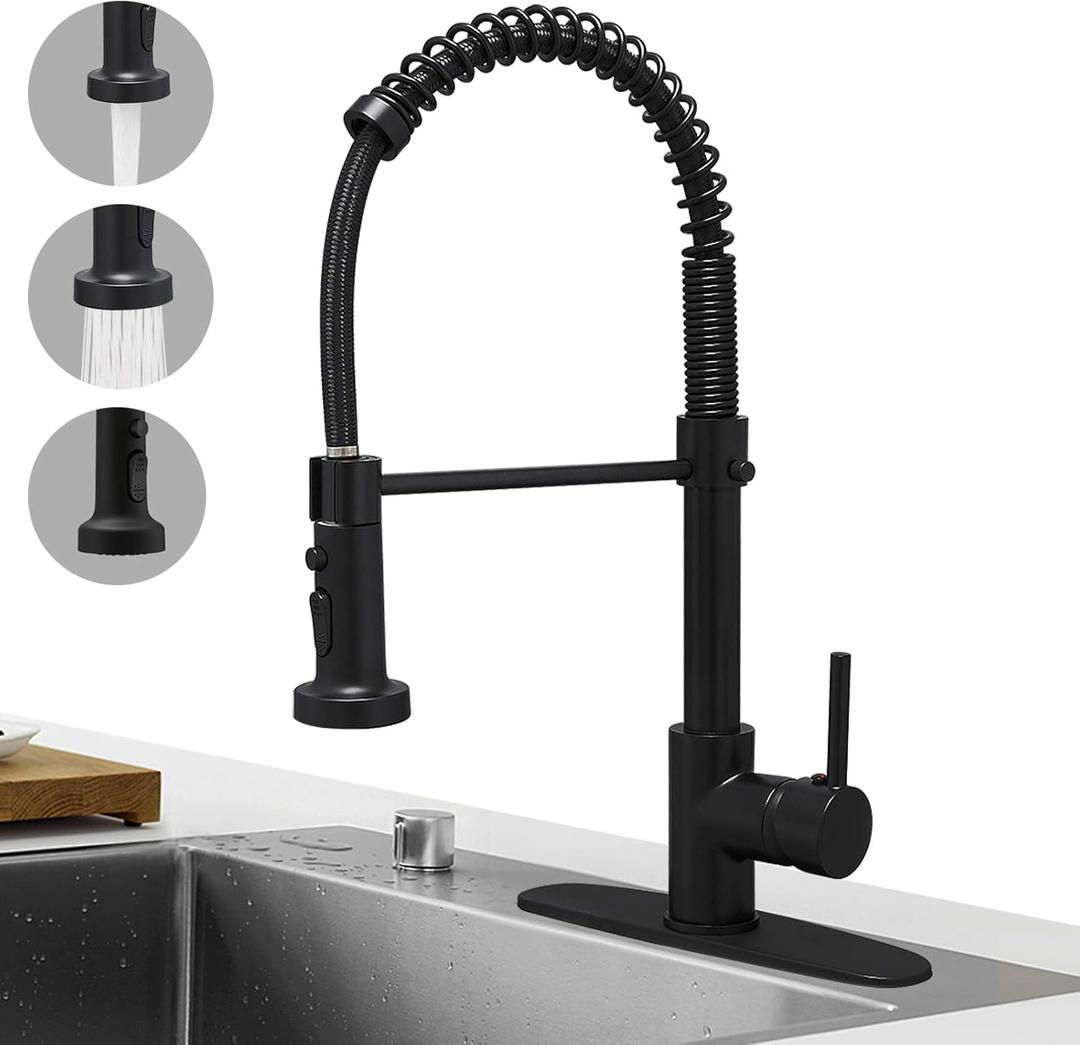 Hoimpro Matte Black Spring Kitchen Faucet with Pull Down Sprayer, Rv Kitchen Sink Faucets with Pull-Down Sprayer, 3 Function Single Handle Laundry Faucet
