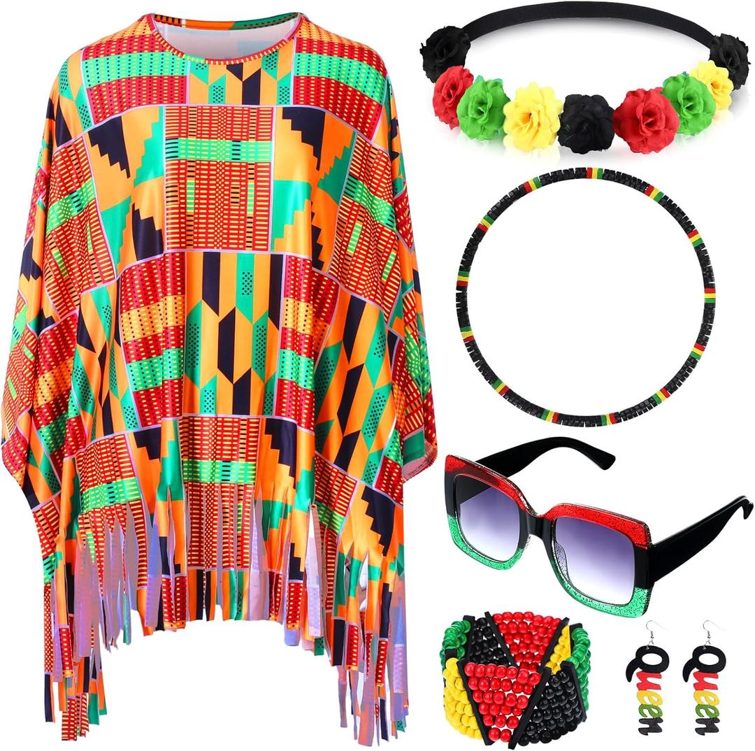 Hicarer 7 Pcs Black History Poncho Costume for Women African American Shawl Accessories Set Kente Jamaican Outfits