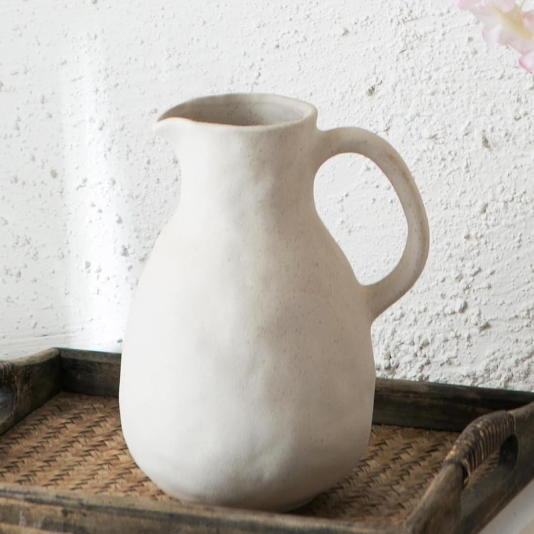Kimdio Ceramic Vase with Handle, Modern Farmhouse Pitcher Vases for Home Decor, Rustic Pottery Vase, Decorative Clay Flower Vase, Centerpieces for Living Room (White Tall)