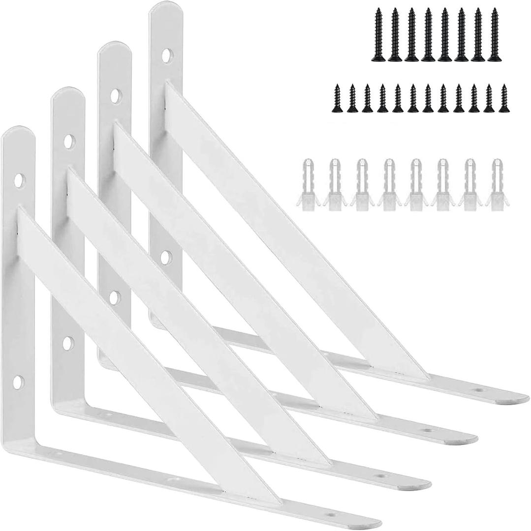6 Inch Shelf Brackets, 4 Pack Heavy Duty L Brackets for Shelves, 90 Degree Triangle Metal Supports for DIY Floating Shelf with Screws ( White)