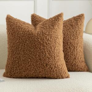 Pack of 2 Curly Teddy Wool Faux Fur Throw Pillow Covers Fuzzy Accent Soft Sherpa Pillowcases Sheepskin Fleece Decorative Cushion Case for Sofa Couch Living Room 16x16 Inch Bronze