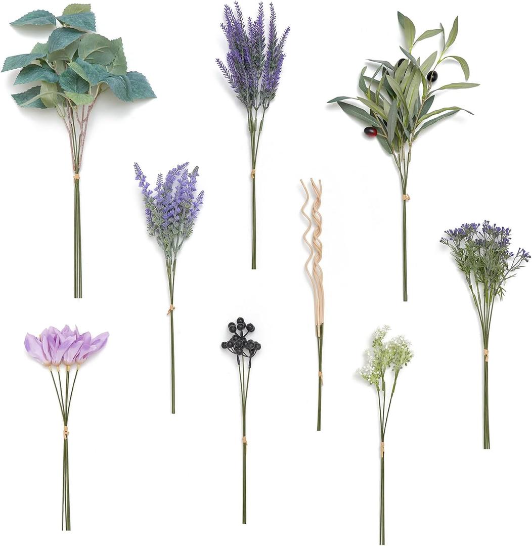 Ling's Moment Artificial Greenery Stems Box Set, 37pcs with 9 Kinds of Faux Greenery Picks for DIY Bridal Bouquets Wedding Floral Arrangement Table Centerpieces, Lavender & Plum