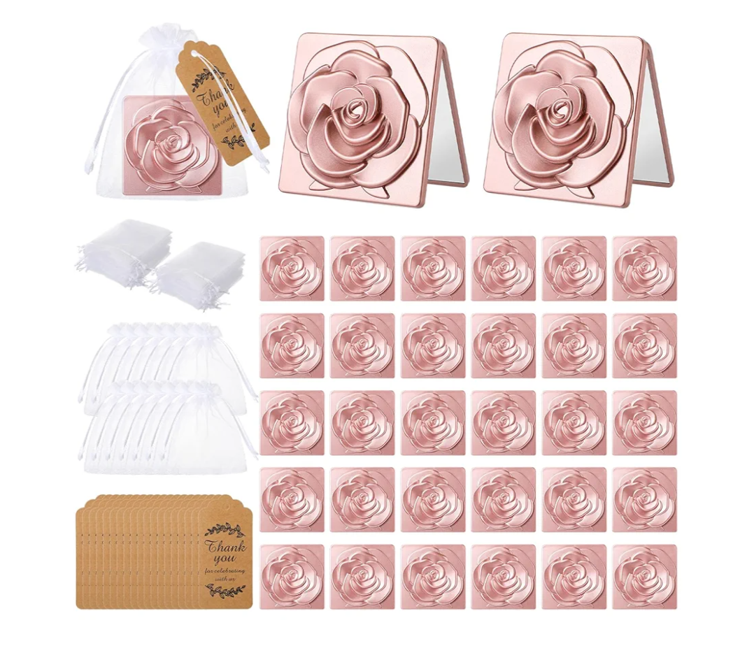 Soaoo 30 Set Rose Compact Mirror Bulk Quinceanera Party Favors for Guests Pocket Mirror with Thank You Tags and Organza Bag for Wedding Bachelorette Bridal Shower Party Souvenir Gifts(Rose Gold