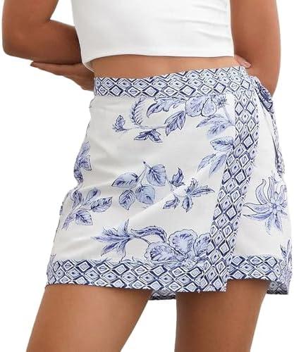 Talakeno Women's Floral Wrap Short Skirt Summer Beach Mini Skirt Casual Knot Side High Waist A Line Vacation Outfits Skorts(Blue,M)