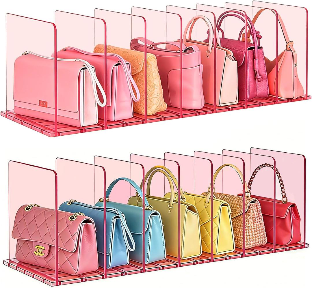 SortNStore Purse Organizer for Closet: Shelf Dividers Adjustable Acrylic Bag Closet Organizers and Storage Pink 4 Bases 14 Shelves