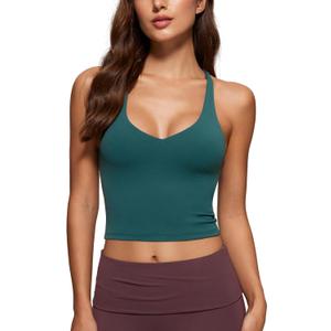 INGIA Womens V Neck Tank Tops Double Lined No Padded Spaghetti Criss Cross Strap Statement Strappy Back Casual Crop Top (Small, Forest Green)