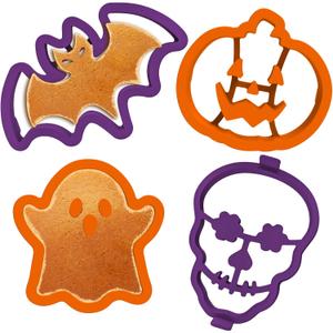 Kamehame Halloween Silicone Pancake Molds for Skull, Ghost, Bat and Pumpkin Shape Pancakes, 4 Pack Nonstick Pancake Shaper for kids, Fun Halloween Cake Ring Mold for Griddle Cooking