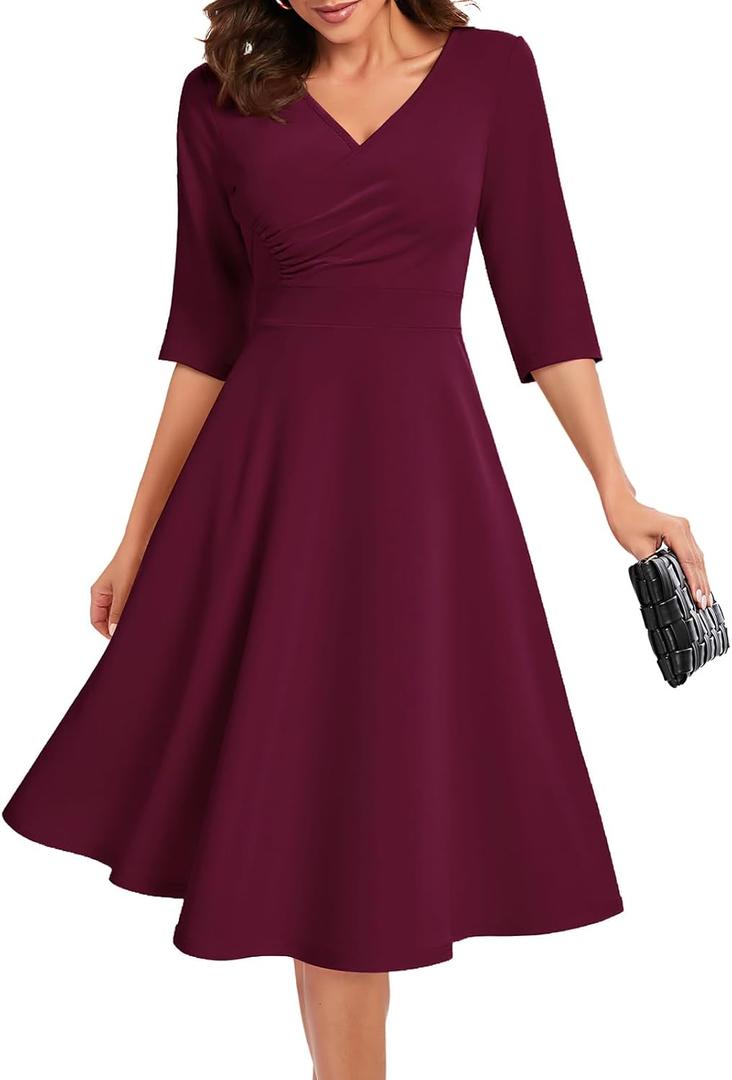 Bbonlinedress Midi Cocktail Dress Formal Wedding Guest 3/4 Sleeve Church V-Neck Work A-Line Swing Tea Party Dress (Burgundy)