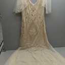 1920s Art Deco Sequin Maxi Dress, Vintage Flapper Gatsby Style, V-Neck with Tulle Sleeves, Long Evening Formal Gown (Medium, Champagne Gold)