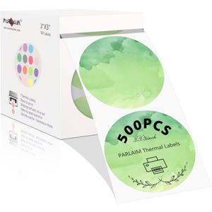 PARLAIM 3 Inch Thermal Labels,Watercolor Labels for Thermal Printer,Circle Thermal Stickers Labels for Inventory,500PCS Round Color Coding Label with Perforation,Package Decoration (Green Watercolor)