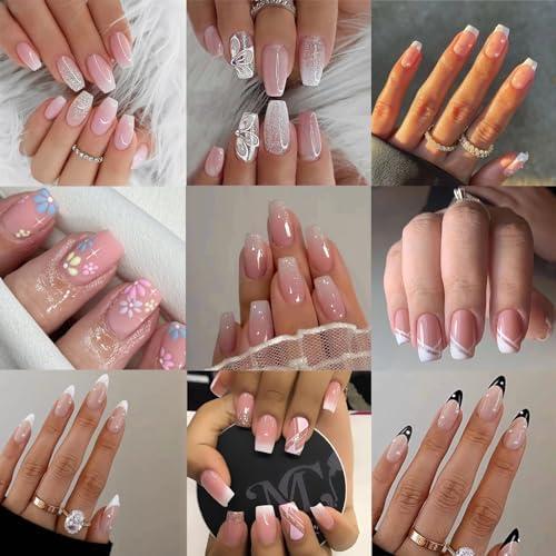 Jsiallye 216Pcs Pink Gradient Press On nails Short Square,9 Packs French Tip Press On Nails Almond,Fit Perfectly & Natural Reusable Stick on Nails in 24 Sizes