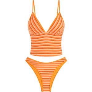 ZAFUL Women's Spaghetti Strap Tankini Swimsuits V Neck Tummy Control Tie Side Thong Bikini Swimsuits 2 Piece Bathing Suits (Orange)