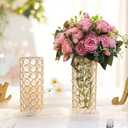 Elegant Crystal Column Vase/Pillar Candle Holder Set, Cylinder Flower Display Tabletop Centerpiece for Weddings & Home Decor (2, Gold)
