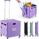 Folding Utility Cart Portable Rolling Crate Handcart Shopping Trolley Collapsible Tool Box, with Lid, Basket on 4 Rotate Wheels, for Grocery, Shopping, Office, Storage, Teacher (Purple)