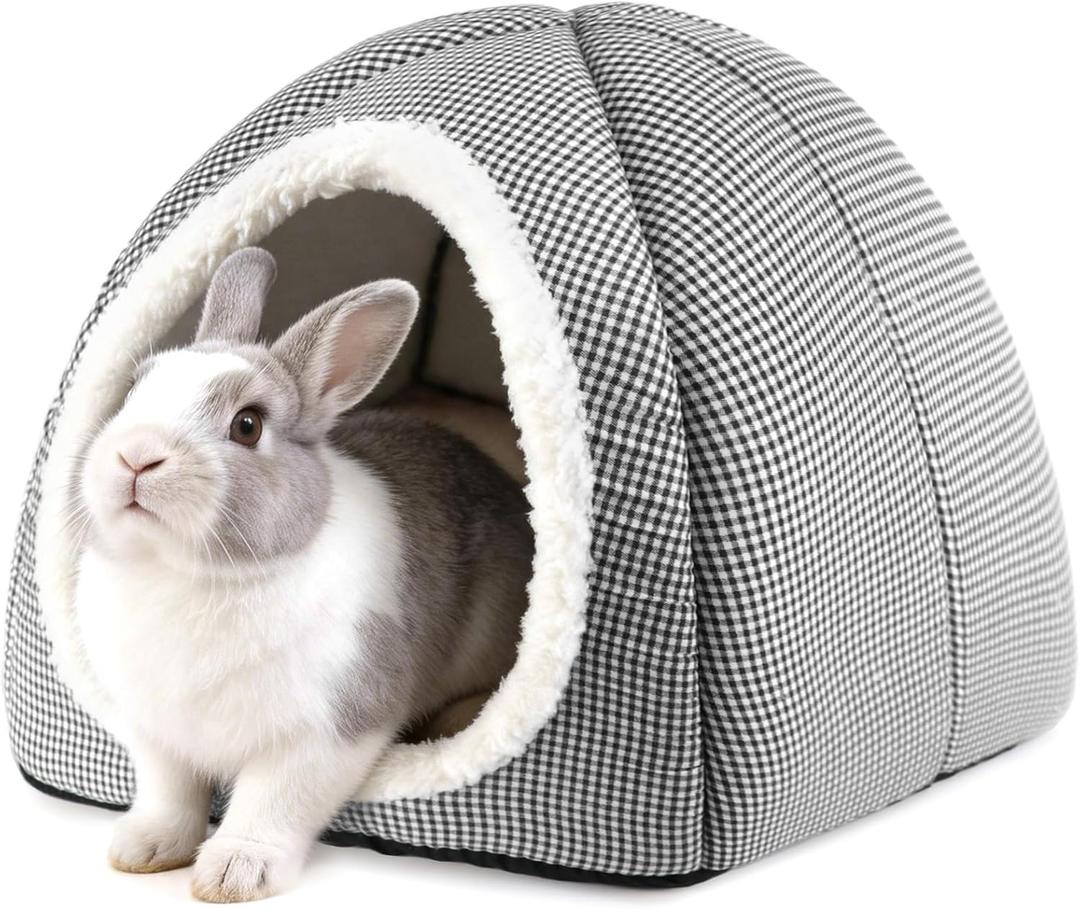 Rabbit Hideout Bed for Large Bunnies, Soft Plush Bunny House with Removable Pad, Cozy Small Animal Hideaway for Indoor Rabbits, Guinea Pigs, and Ferrets, Charcoal