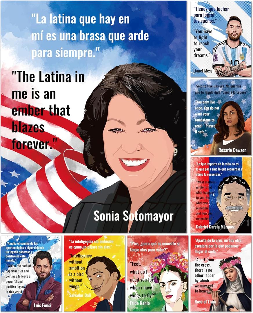 Fiupan Spanish English Hispanic Heritage Month Poster, 8Pcs Back to School Celebrity Motivational Quotes Classroom Poster Set, Festival Celebration Unframed Art for School Office (Dark Blue & Red)