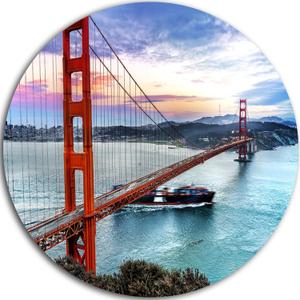Designart Golden Gate in San Francisco-Sea Bridge Metal Artwork-Disc of 23, 23'' H x 23'' W x 1'' D 1P, Blue/Orange