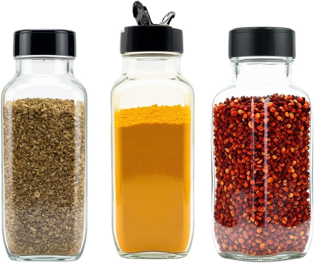 JARMING COLLECTIONS Glass Spice Jars with Shaker Lids - Spice Jars 16 oz for Food Storage, Spice Containers for Kitchen Organization and Storage, Bottles for Spices (Black - 16 Ounce 3 pack)