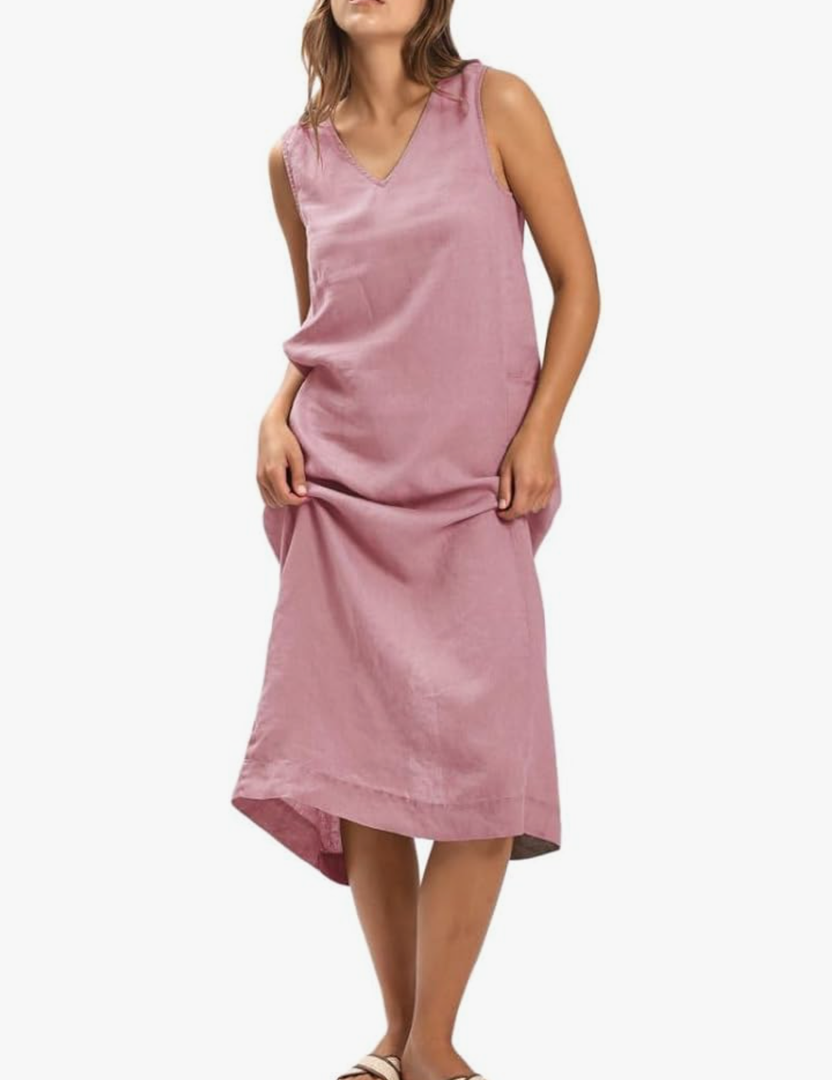 Amazhiyu Women's 100% Linen Plant-Dyed Sleeveless V-Neck Midi Dress with Slit S, Pink