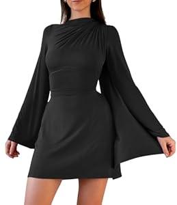 GOBLES Women's Elegant Flare Long Sleeve Adjustable Laced Up Mini Cocktail Dress (Large, Black)