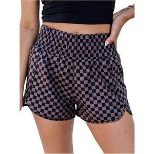SOLY HUX Women's Plaid Shorts Checkered Shirred High Waisted Casual Summer Shorts, L