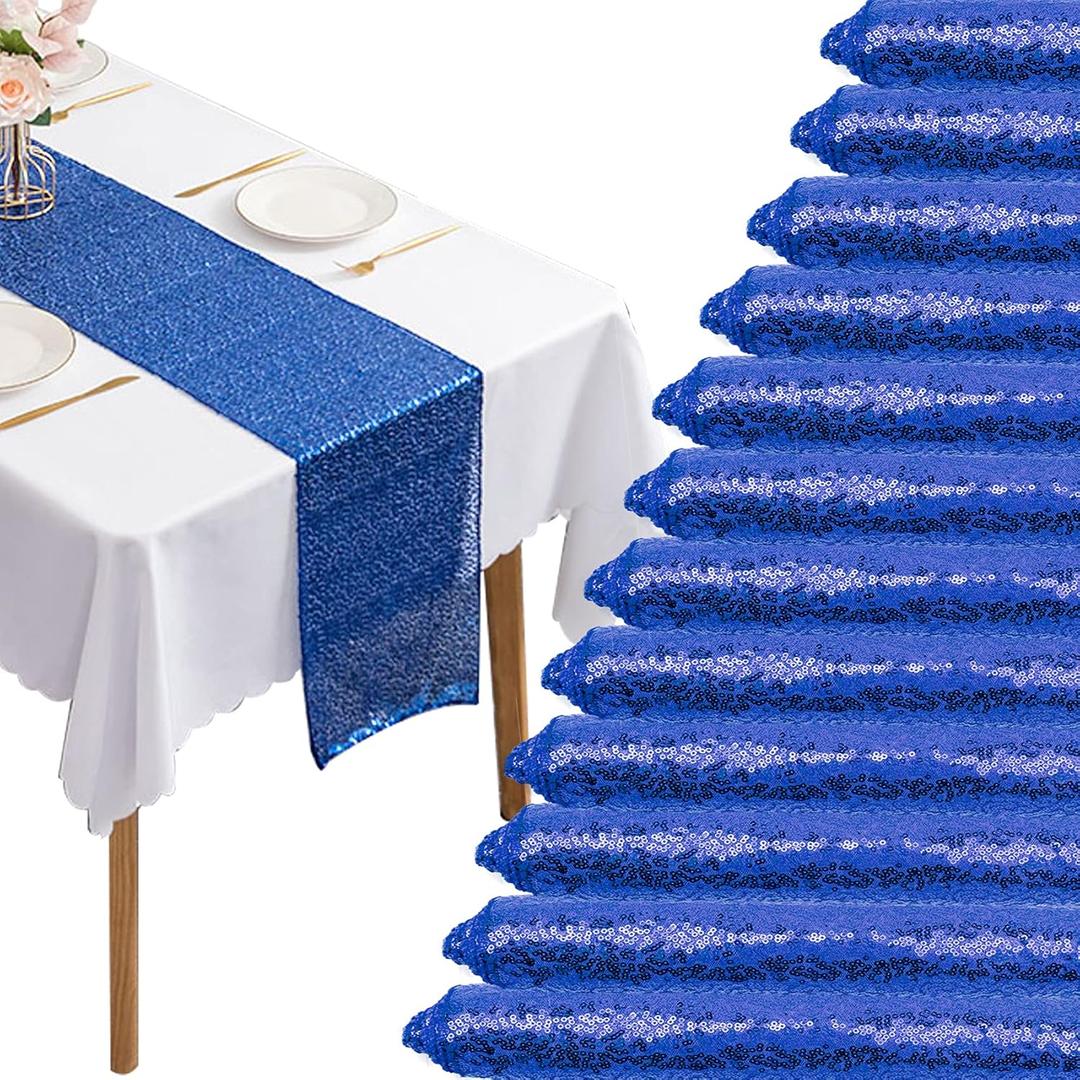 12 Packs 12 X 72 Inch Sequin Table Runner Glitter Dining Table Runner for Birthday Wedding Engagement Bridal Baby Shower Bachelorette Holiday Celebration Party Supplies Decorations (Royal Blue)
