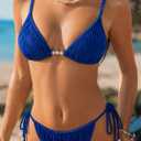 seamoly Women's Bikini Sets Ribbed Beaded Adjustable Spaghetti Strap Swimsuit Tie Side Thong Sexy 2 Piece Bathing Suit (Blue, L)