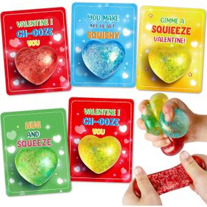 Valentines' Day Gifts Cards for Kids, 24 Pack Heart Squeeze Balls with Greeting Cards for Kids Classroom Exchange Prizes, Stretchy Toy Balls Bulk Gift, Squeeze Relief Fidget Toys for Party Favor