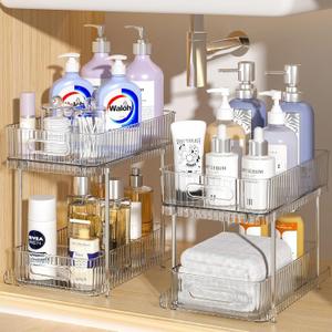 Delamu 2 Pack Bathroom Under Sink Organizers and Storage, Snap-Lock Pull Out Bathroom Medicine Cabinet Organizer, Multi-Purpose Kitchen Pantry Organizer and Storage with Movable Divider