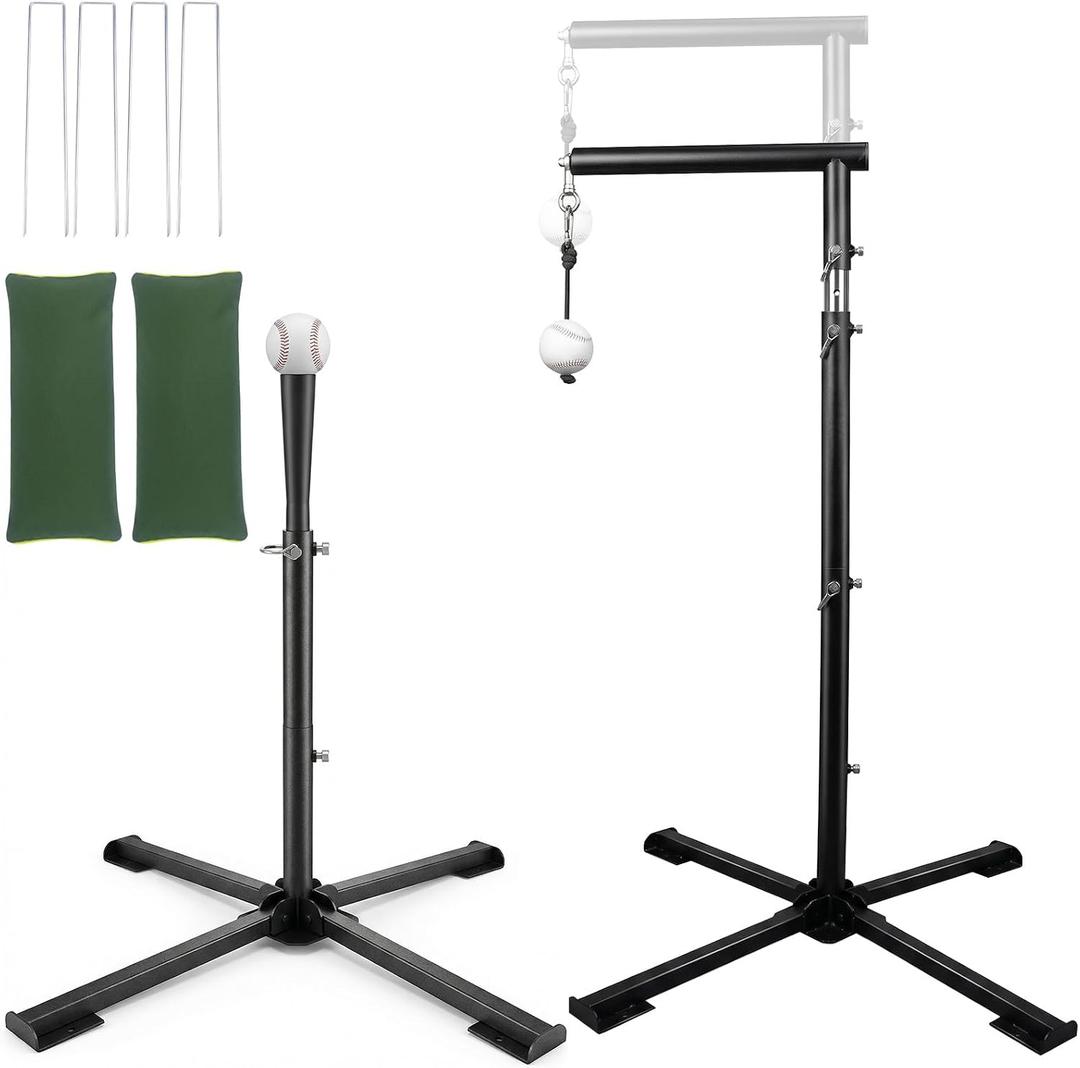 WodGod 2 in1 Baseball Swing Trainer with X Base, Height Adjustable 20-54 inches, 2 Sandbags for Maximum Stability, 3 Balls & 4 Ground Stakes, Great for Improve Swing Power, Accuracy, Standard