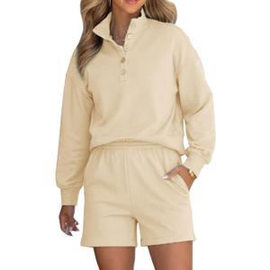 FUPHINE Women 2 Piece Outfits Sweatsuit Long Sleeve Button Down Pullover and Shorts Set with Pockets, L