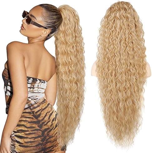 Ponytail Extension, SEIKEA 36" Long Lightweight Full Natural Curly Drawstring Ponytail Fake Pony Tail Multi Layered Soft Clip in Hair Extensions Ponytail Synthetic Hairpiece, Golden Blonde Highlights
