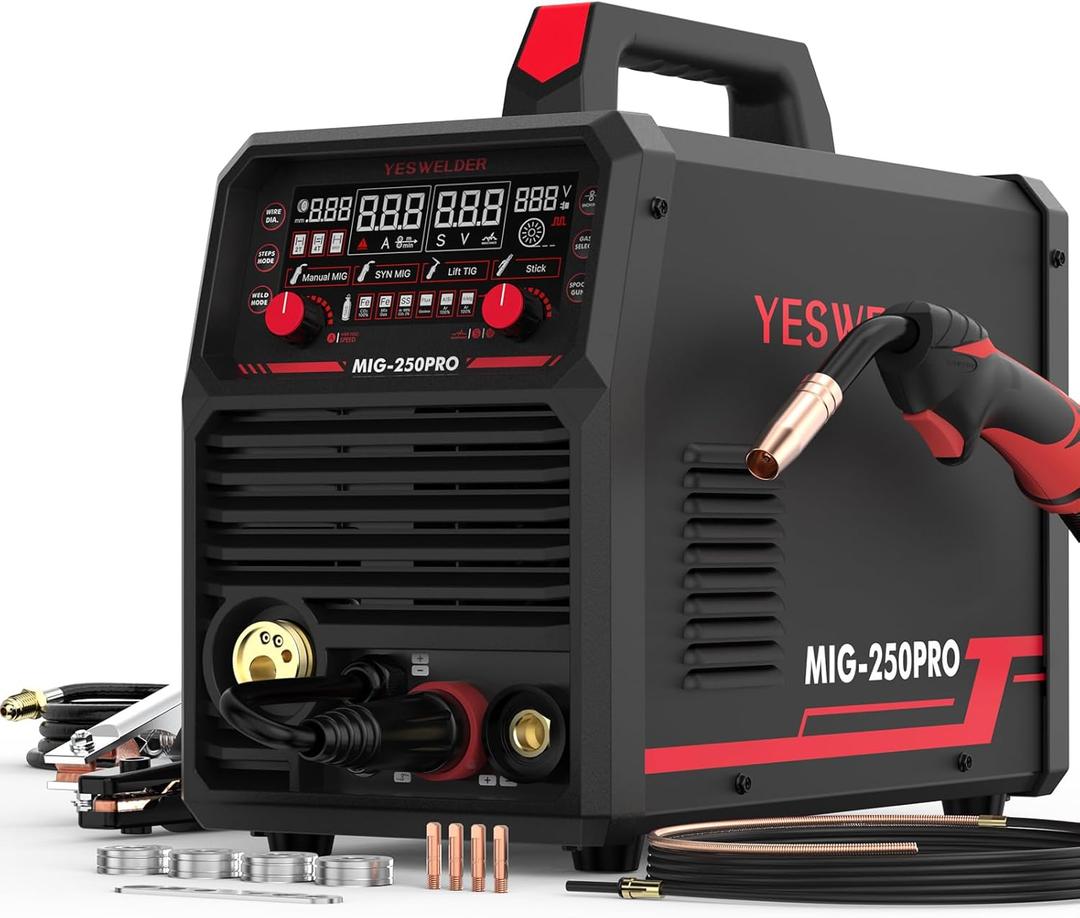 YESWELDER MIG-250PRO Aluminum MIG Welder, 250A 110V/220V Advanced Digital Display, MIG/Pulsed MIG/Flux Core/Spool Gun MIG/Lift TIG/Stick 6-In-1 Multiprocess Welding Machine, Spool Gun Compatible