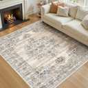 Washable 5x7 Area Rug for Living Room - Ultra Soft Vintage Carpet with Non-Slip Backing, Stain Resistant Low-Pile Indoor Rug for Bedroom & Home Office, Kid & Pet Friendly - Beige