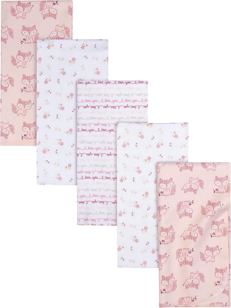 Gerber Boys and Girls Newborn Infant Baby Toddler Nursery 100% Cotton Flannel Receiving Swaddle Blanket, Foxes White, Pack of 5