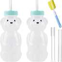 Honey Bear Straw Cups, Juice Bear Bottle Drinking Cup Long Straws with 4 Flexible Straws & Cleaning Tools, 8-Ounce Therapy Sippy Bottles for Speech and Feeding Training, Food-Grade & BPA Free 2 Pack, Aqua