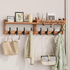 Evermagin 35" Coat Rack Wall Mount with Shelf, 4 in 1 Wall Mounted Coat and Key Hanger with 13 Hooks, Entryway Key Holder with Mail Holder for Living Room, Bedroom (Brown)