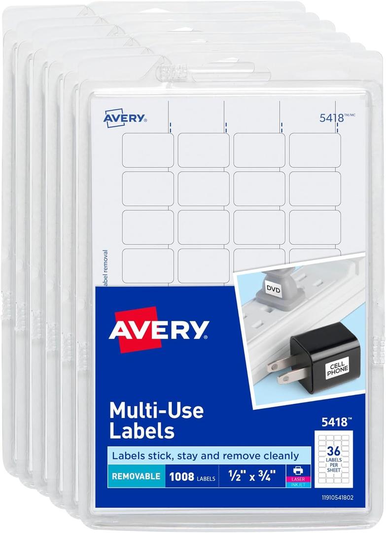 Avery Removable Labels, 1/2" x 3/4", White, 6 Packs for 6,048 Total (45418)