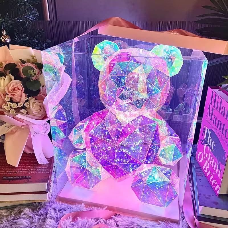 LED Teddy Bear Night Light, Holographic Iridescent Design, Nursery Decor Display Box with Ribbon (Pink Hear, Medium)