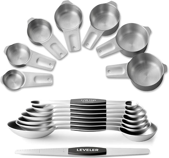 Stainless Steel Measuring Cups & Spoons Set, EWFEN Kitchen Tools Nesting Measuring Cups and Spoons, Fits in Spice Jars for Baking & Cooking, BPA Free, Set of 15 with Leveler, Multicolor