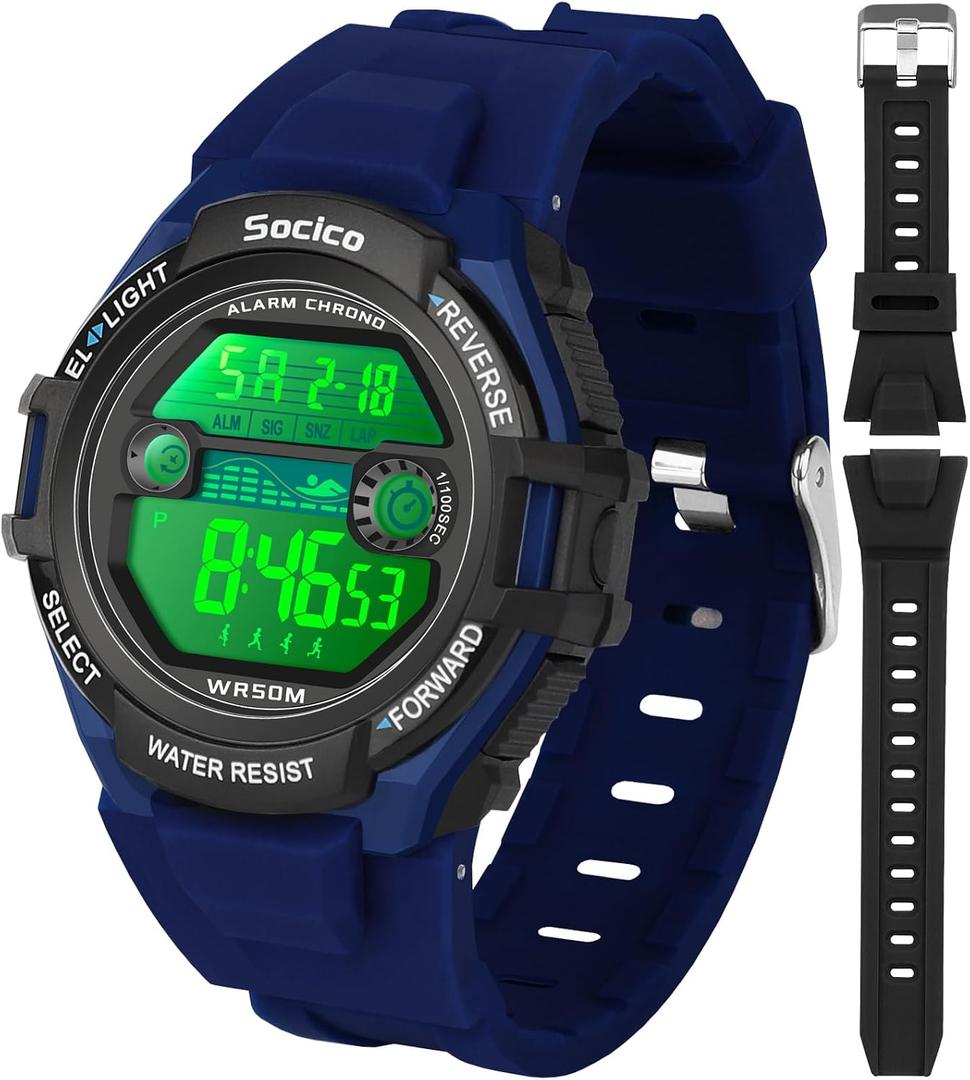 SOCICO Kids Digital Watches for Girls Boys, 5ATM Waterproof, 7 Color Lights Waterproof Watches for Kid with Alarm Stopwatch, Soft Band Wrist Watch Gifts for Kids Ages 5-12