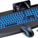 Wireless Keyboard and Mouse Combo,SABLUTE KM25Pro Rechargeable Backlit Ergonomic Keyboard with 4000mAh Battery, Wrist Rest and Phone Holder, Quiet for PC/Mac/Laptop/Windows/Chrome OS