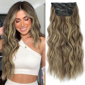 ALXNAN Clip in Long Wavy Synthetic Hair Extension 4PCS Thick Hairpieces Fiber Double Weft Hair for Women  (20 Inch, Mixed Brown & Blonde)