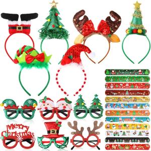 24 Pcs Christmas Party Favor Supplies Christmas Headbands and Glasses Slap Bracelets Set Xmas Tree Santa Claus Deer Hat Headwear Gifts Bulk for Xmas Party Decoration Masquerade Photo Props